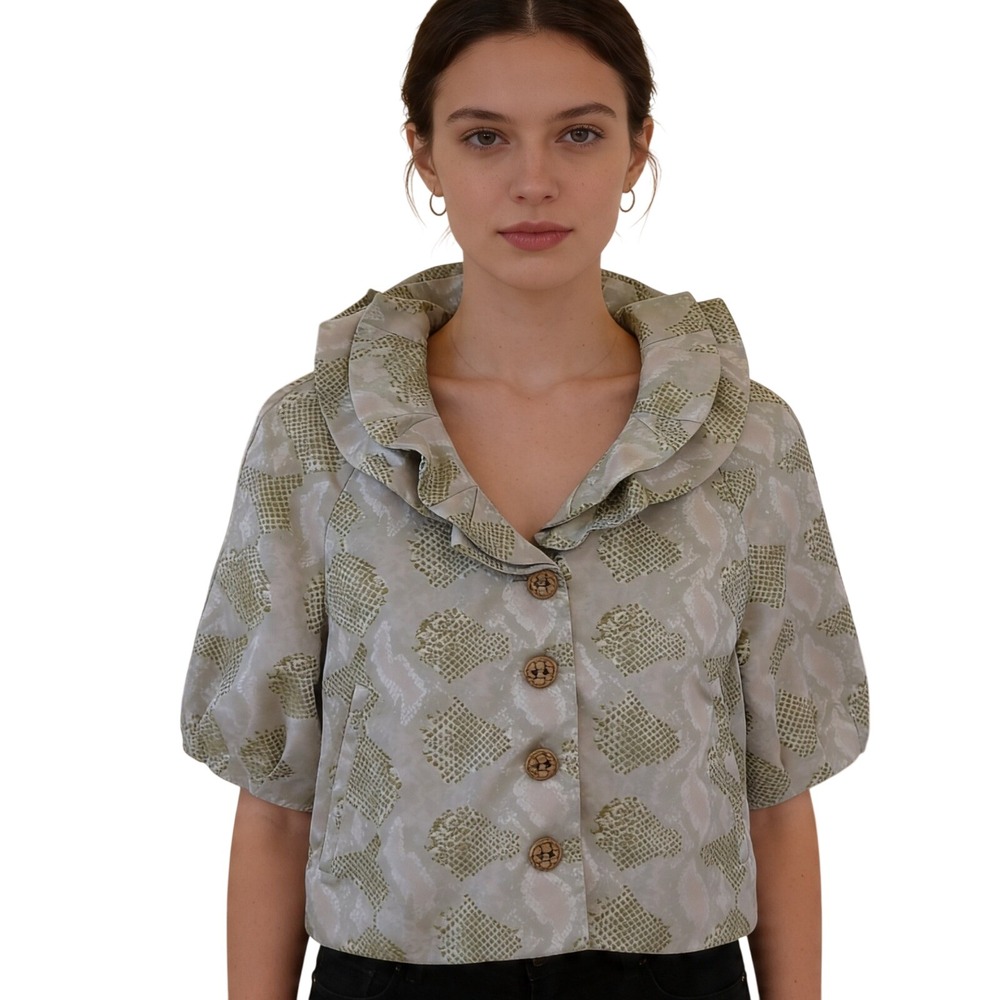 Samuel Dong Womens Sage Green Snakeskin Jacquard Portrait Collar Jacket Size L